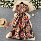 Fongt A Women's Court Style V Tie With A Belt Net Yarn Bubble Sleeve Print Large Swing Long Joint Dress