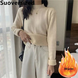 Thicken Plus Velvet Knitted Sweater Women's Slim Warm Plush Lined Knit Tops Korean Basic Knitwear Jumper Casual