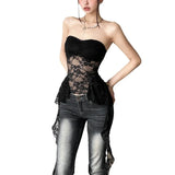 Fongt Summer Women's One-Word Collar Lace Wrapped Chest Mesh Crop Slim-Outfit