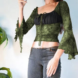 Vintage Flared Sleeve T Shirt Woman V Neck Slim Crop Top Kawaii Tee Shirts Tops Autumn Female Clothing Fairy Grunge 2023 703-1-Outfit