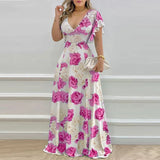 Fongt New Women's Temperament V-Neck Waist-Print Dress Fashion Dress