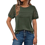 Fongt New Women's Round Collar Casual T Overalls Solid Color Lace Sleeve Top
