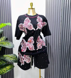 Fongt Set European Dress Design Butterfly Set Drill Short Sleeve T-Shirt Blouse Woman + Tight Waist Broad Leg Shorts Two Sets