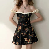 Fongt 2025 New Fresh Sweet Wind Black Broken Floral Dress A Word Shoulder Repair Color Printing