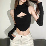 Fongt 2023 New Women's Solid Color Sexy High Neck Sleeveless Hollow Out Crop Vest-Outfit