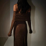 Fongt Women's New Luxury Out-Shoulder Long-Sleeved Body Drilled Noble Dress