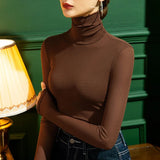 Winter Mesh T Shirts Women's Solid Turtleneck Full Sleeve Slim Basic Tshirts Tees Female High Stretch Undershirts-Outfit