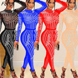 Diamonds Sheer Mesh Jumpsuit Women Sexy See Through Mock Neck Long Sleeve Slim Night Clubwear Female Party
