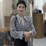 Retro V Neck Leopard Long Sleeves Shirt Women's Shirt Expose Navel Slim Sexy Temperament Bandage-Outfit