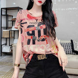 Women's Clothing Casual Round Neck Pullovers Fashion Character Printed 2023 Summer Short Sleeve Commute Slim Patchwork T-shirt-Outfit