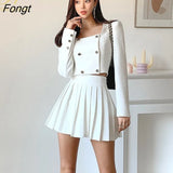 Han Queen 2022 Spring New Two-piece Square Collar Double-breasted Coat +Fashion Mini Pleated Skirt Casual Women's Suit