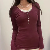 Trend Red Lace Side Buckle Spliced T-Shirt 2023 New V-Collar Basic Simple Slimming Leisure Bottom Shirt-Outfit
