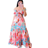 Fongt New Spring And Summer Women's Dress A Word Broken Shoulder Long Printed Fairy