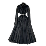 Fongt Retro Elegant Dress Women Winter High Hook Lace Splicing Mesh Yarn Irregular Knee Dress
