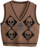 Gothic Knit Sweater Vest Skull Argyle Print Pattern Knitwear V-neck Pullover Fashion Jumper Top Women Halloween