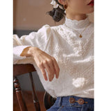 Half Turtleneck Lace Blouse Knitted Pullover Puff Sleeves Fashion Women Autumn Shirts