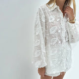 Fongt Suit 2024 Spring Autumn New Fashion Cotton Embroidered See-Through Shirt High Waist Shorts-Outfit