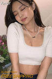 Top White Top Women Short Sleeve Tees Summer Clothes Slim Square Neck T-Shirt Knit Top Sexy Solid Streetwear Y2K Crop