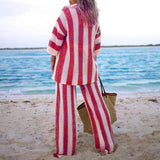 Fongt Women's Fashion 2025 Fashion V-Neck Collidered Striped Shirt Loose Broad Leg Trousers Knitted Set