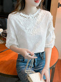 Embroidered Cotton Women's Blouse O Neck Short Sleeve Loose White Tops Summer Flowers Chiffon Shirts Fashion Blusas