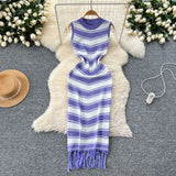 Fongt Fan Temperament Body-In-County-Necked Sleeveless Striped Knitted Dress Women's Summer Tight-Dled Ass Tuxedo Dress