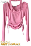 Style Patchwork Halter T-Shirts Women Sexy Y2K Slim Crop Top Streetwear Tee-Shirt Long Sleeve Tops 2023 Autumn