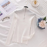 Office Lady Front Zipper Slim Knitted Sweater Long Sleeve Stand Collar Solid Casual Pullover 2021 Autumn Winter New