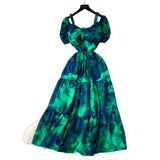 Fongt Famous Breeze Mashed Flowers Bubble Sleeves With Dress Women Summer Waist Repair Royal Sister Temperament Beautiful Long Dress