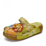 Flower Slippers Genuine Leather Shoes Handmade Slides Flip Flop On The Platform Clogs For Women Woman Slippers Plus