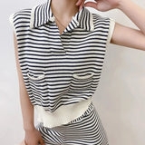 Stripe Knitted Tracksuit Women's Sleeveless Pullover Tshirts Two Piece Sets Summer Mini Shorts Suits Ribb Tee