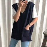 2022 New Sleeveless Vest Knitting Pockets Oversize Wild Split Autumn Winter Women Sweaters Pullover Knitwear