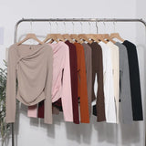 Side Bow Tie Design Folded Long-Sleeved T-Shirt Slim Thin Autumn Dress T-Shirt Short Top
