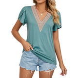 2023 New Gold Lace Lady V-Neck Tile Short Sleeve Solid Color T-Shirt Top-Outfit