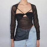 Dark Y2k Punk Mesh See Through T-shirts Women Cyber Sexy Summer Halter Tops Lace Up Techwear Black Patchwork Split
