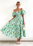 Fongt Summer New Bubble Sleeve Holiday Show Skinny Dress Babes High-Waisted Shoulder-Print Dress Dress Woman