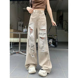 Fongt High Street Ripped Jeans Women's Summer New Thin High-Waisted Straight-Legged Loose Drag Trousers