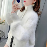 Fongt New Imitation Mink Velvet Standing Collar Sweater Cardigan Female Autumn Loose And Thick Age Reduction Jacket Coat-Outfit