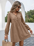 Vintage Front Button Ruffled A-line Dress Lantern Sleeve Deep V neck Solid High Street Mini Dress 2021 Autumn New