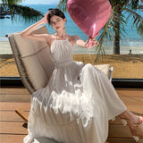 Fongt Yunnan Seaside Vacation Lace Lace Hanging Neck Show Back Tie Dress-Outfit