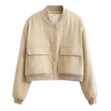 Fongt New Women's Fashion French Big Pocket Short Autumn Bomber Jacket Jacket