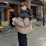 Ken Bean Wind Spell Color Hooded Padded Clothes Female Short Style 2024 Winter New Fashion Loose Small Bread Jacket-Outfit