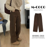 Fongt Brown Plus Velvet Jeans Women's Autumn And Winter High-Waisted Thin Straight Barrel Loose Broad Legs Long Trousers