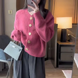 New Spring And Autumn Style Pure Color Sweet Wind Knitted Cardigan Women's Coat Round Collar With Large Buttons And High-Grade Sensitive Woolen Clothes-Outfit