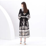Fongt 2025 Early Spring Court Wind Clip Single Door Leaning Lantern Sleeve Vintage Printed Long Dress