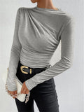 Fongt Solid Color Trim Bottom Shirt Folding Design Long-Sleeved T-Shirt Lady Top