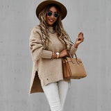 Fongt Autumn And Winter Half-High Collar Loose Solid Color Long-Sleeved Thick Needle Side Fork Knitting Sweater Woman