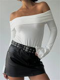 Women Slash Neck Off Shoulder T-shirts Crop Tops Long Flare Sleeve Solid Slim Fit Casual Tees Shirts Streetwear 2023-Outfit