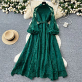 Fongt Stand-Up Single Buckle Heavy Industry Hook Flower Embroidery Lantern Sleeve With A Long Dress With A Big Swing