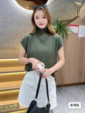 Fongt Summer New Shoulder Sleeve Short-Sleeved Knitted Women's Sleeveless Half-Necked Bottom Shirt Lightly Cooked Wind Ice Silk