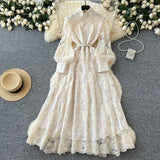 Fongt 2025 New High-End Heavy Industry Mesh Embroidery To Collect Thin French Elegant Lantern Sleeve Dress